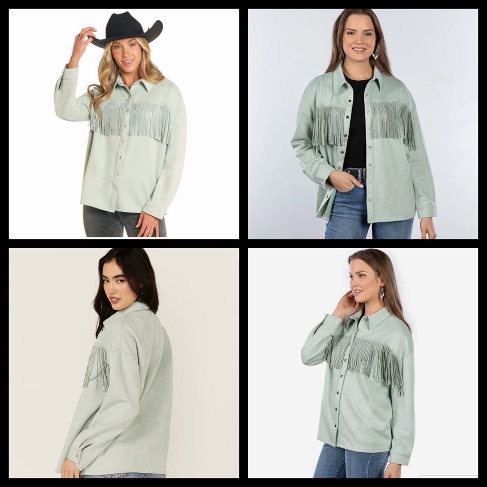 Rock & Roll Denim Faux Suede Front Fringe Shacket Sz M Rhinestones Mint Green